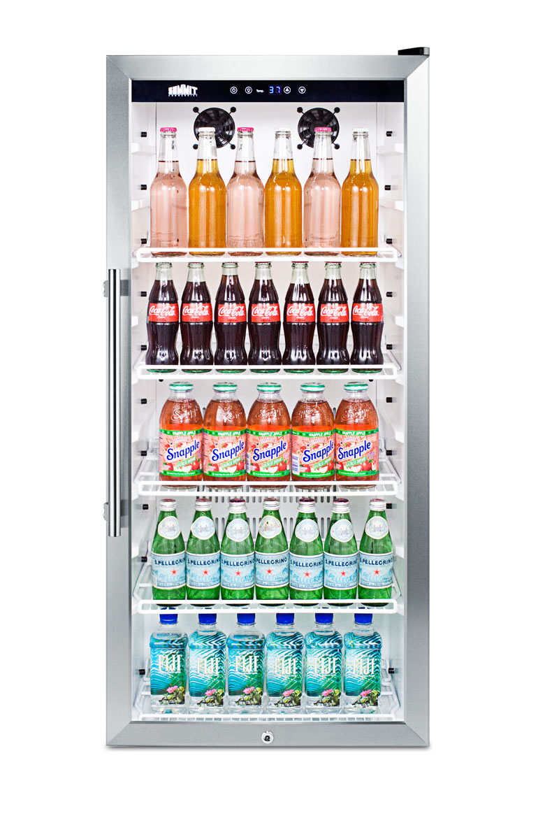 9 cu.ft. commercial glass door beverage merchandiser designed for the display and refrigeration of beverages and sealed food, with digital controls, LED lighting, full interior display, and a white cabinet